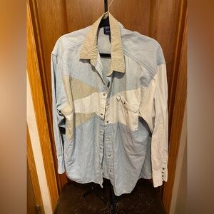 Wrangler Light Blue, Tan and White Western Denim Button Up Shirt